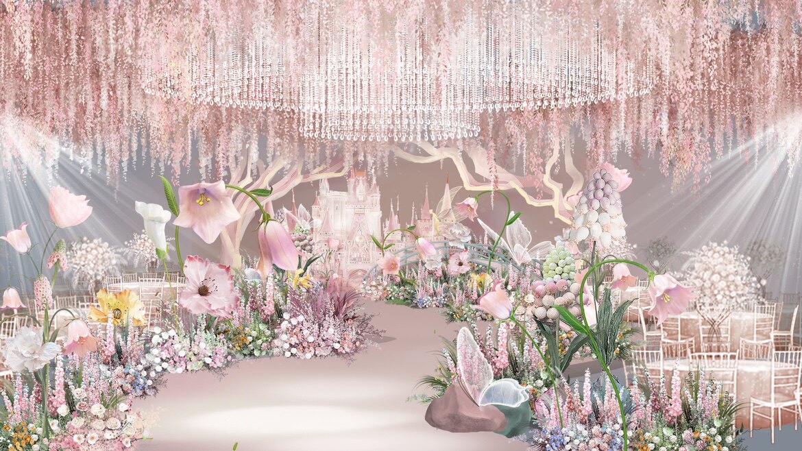 x049粉色森系甜品区甜品台爱丽丝主题婚礼设计素材psd源文件