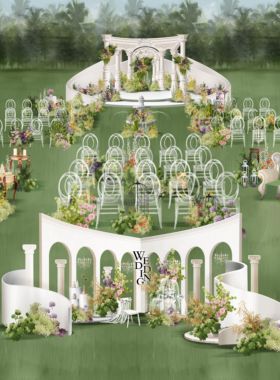 X013 小众欧式白绿色户外婚礼效果图psd源文件欧式罗马柱婚礼素材
