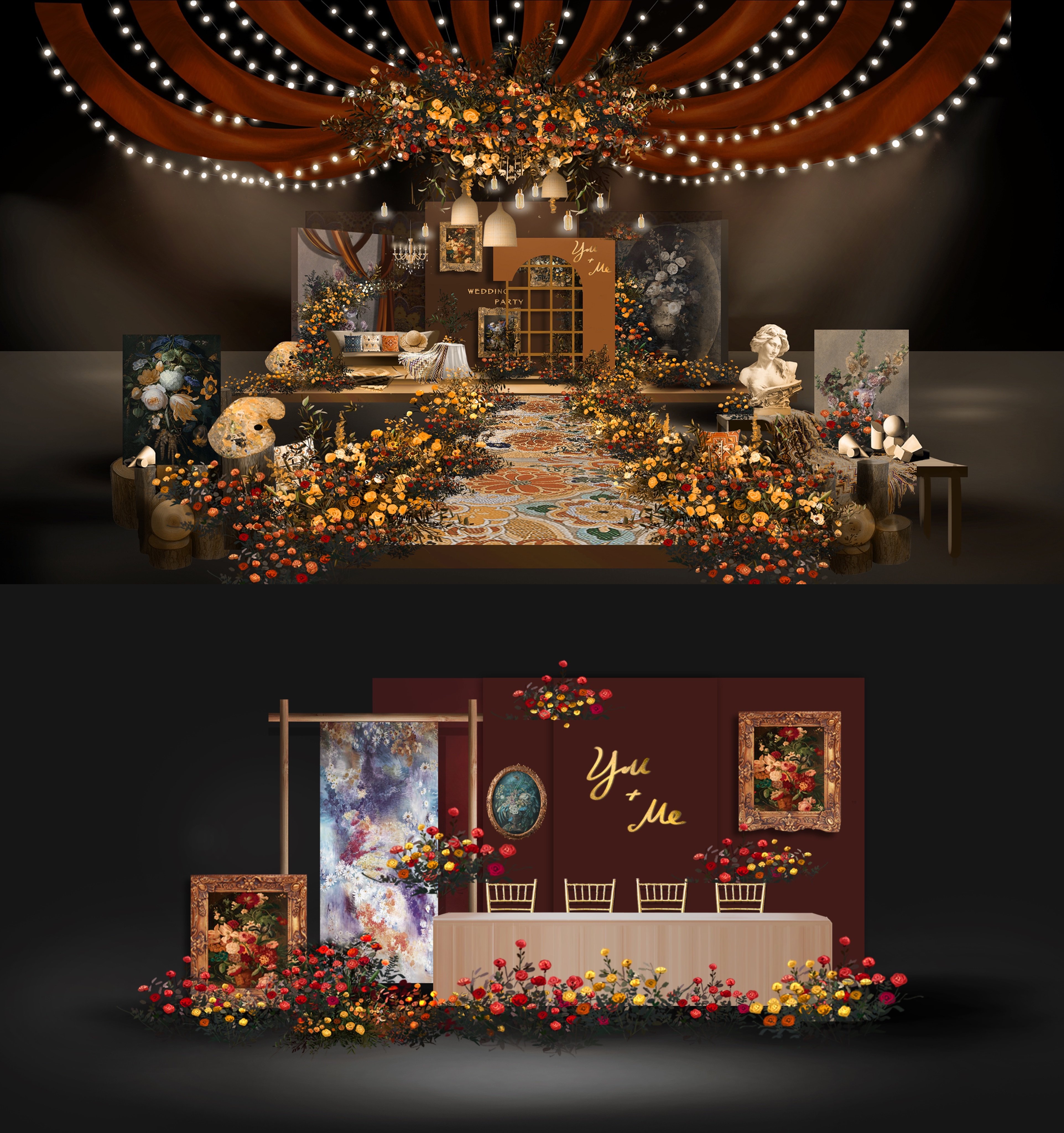 x046两套复古法式美式秋色橙色咖色油画风婚礼效果图psd源文件