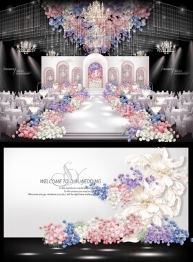 X366 白粉蓝紫色法式花园婚礼效果图psd源文件水晶吊顶纸花素材