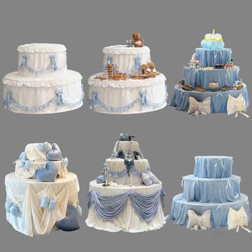 X330 蓝白色布幔甜品桌宝宝宴生日宴婚礼免抠道具素材psd源文件