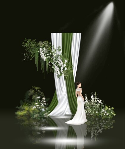 X309 白绿色布幔小众婚礼效果图psd源文件布幔户外婚礼迎宾区效果