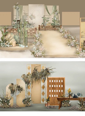 X230新中式香槟绿色婚礼效果图ps源文件中式婚礼道具素材竹艺婚礼