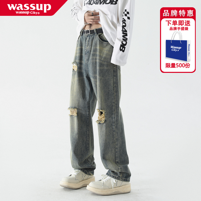 WASSUP破洞牛仔裤男款宽松直筒夏季薄款美式百搭高街休闲阔腿裤子