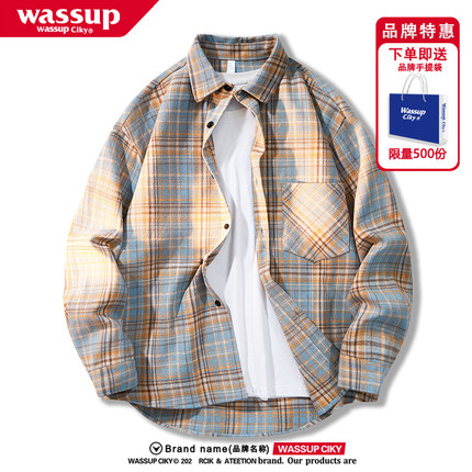 WASSUP格子衬衫男春夏日系简约长袖衬衣宽松复古情侣潮牌休闲外套