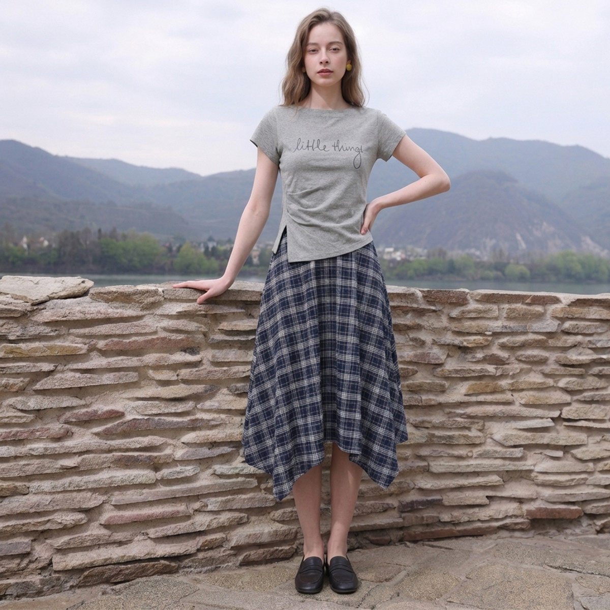 两件套装女棉2026夏季新款时尚气质字母印花T恤格纹中长半身A字裙