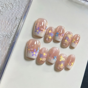 新款 穿戴甲 春夏成品莫奈花园纯手工美甲小清新显白法式 短款