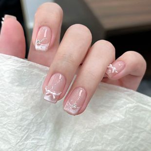 新款 猫眼蝴蝶结半手工甲小众高级穿戴甜美百搭可拆卸美甲 显白法式