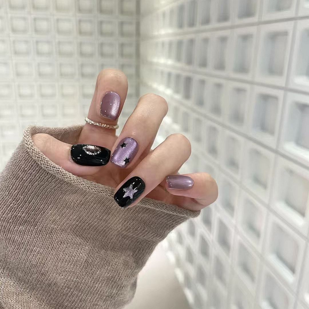 秋冬氛围感梦幻紫水晶显白猫眼星星可拆卸穿戴甲甜酷辣妹黑紫跳色