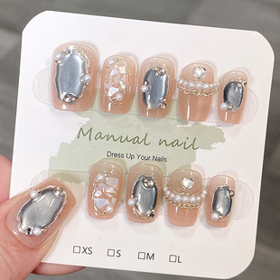 纯手工穿戴甲新款魔镜公主极光法式郁金香Namei珍珠轻奢风美甲