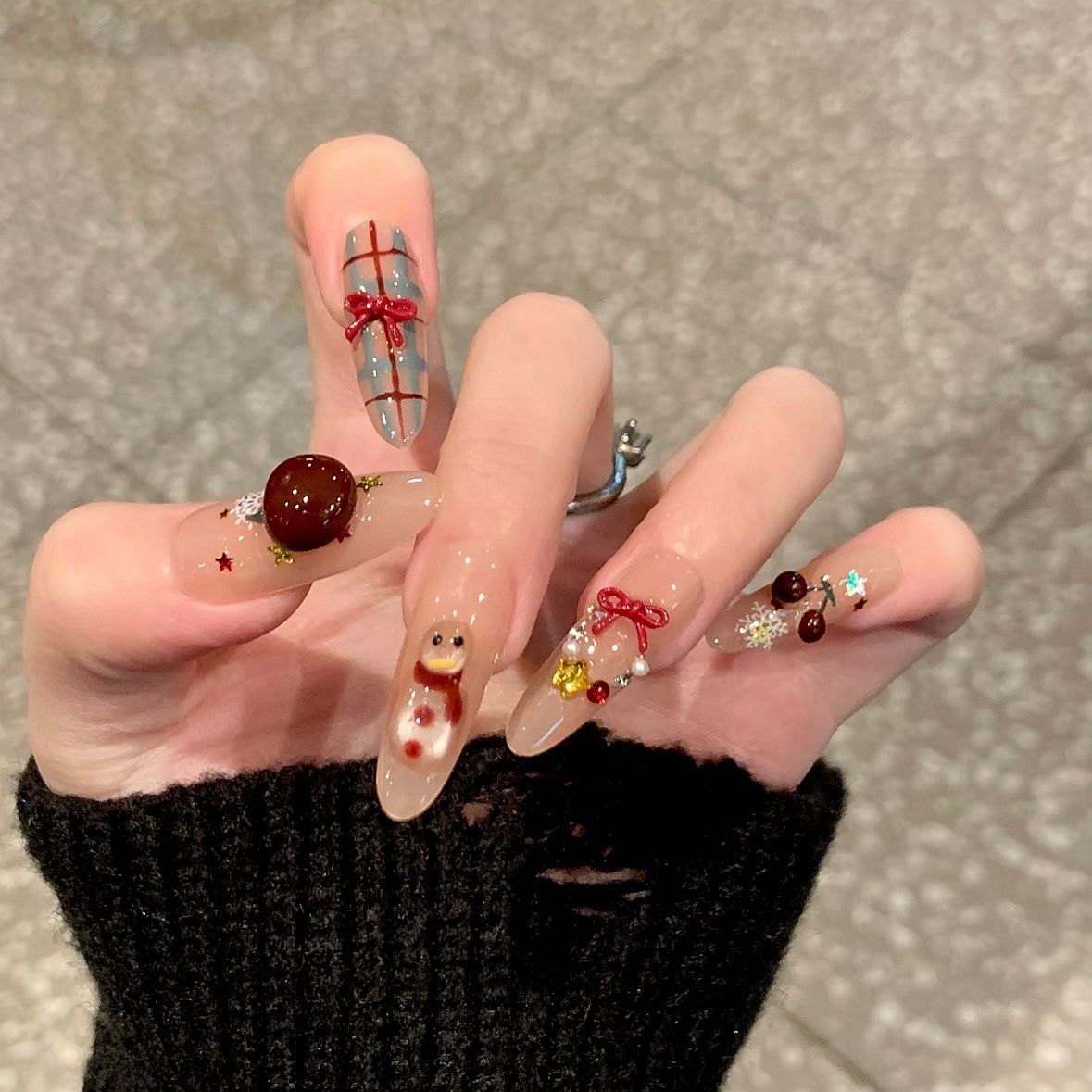 秋冬爆款格纹圣诞雪人新年圣诞氛围蝴蝶结美甲立体苹果显白穿戴甲