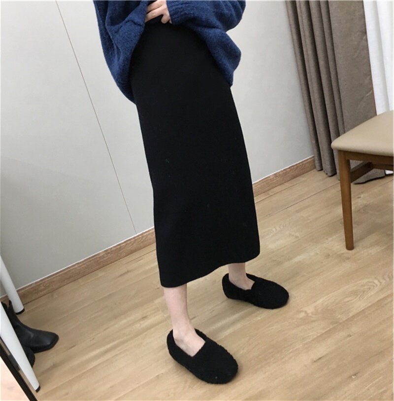 韩版针织直筒包臀长款半身裙修身显瘦开叉一步裙秋冬a字长裙包裙