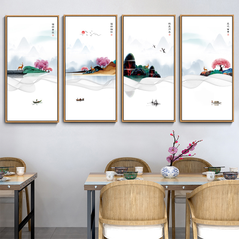 酒店餐厅包间装饰画有框新中式山水画麋鹿简约抽象画沙发背景挂画图片