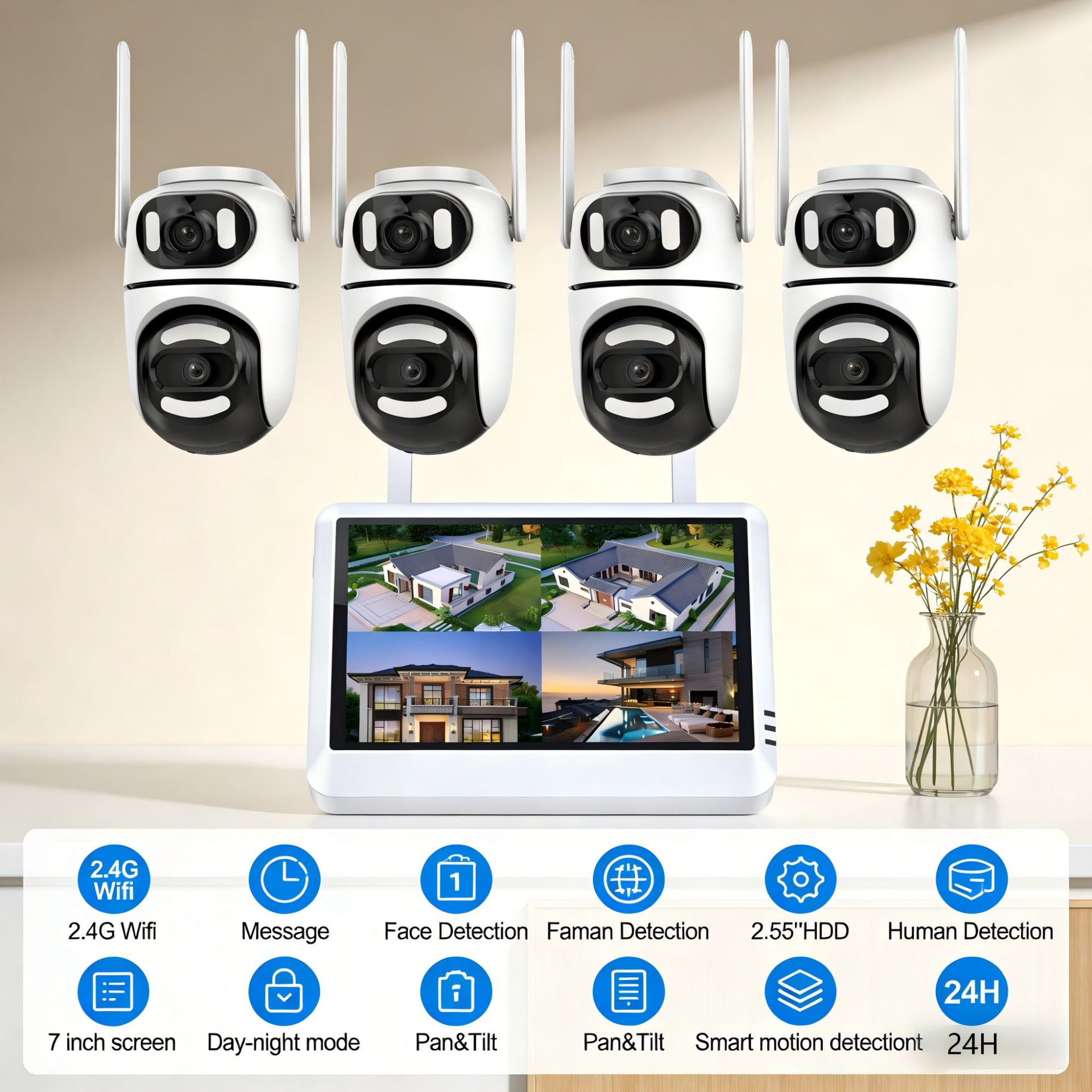 CCTV监控系统wifi带屏双目5V球机监控摄像头套装摄像头带屏录像机