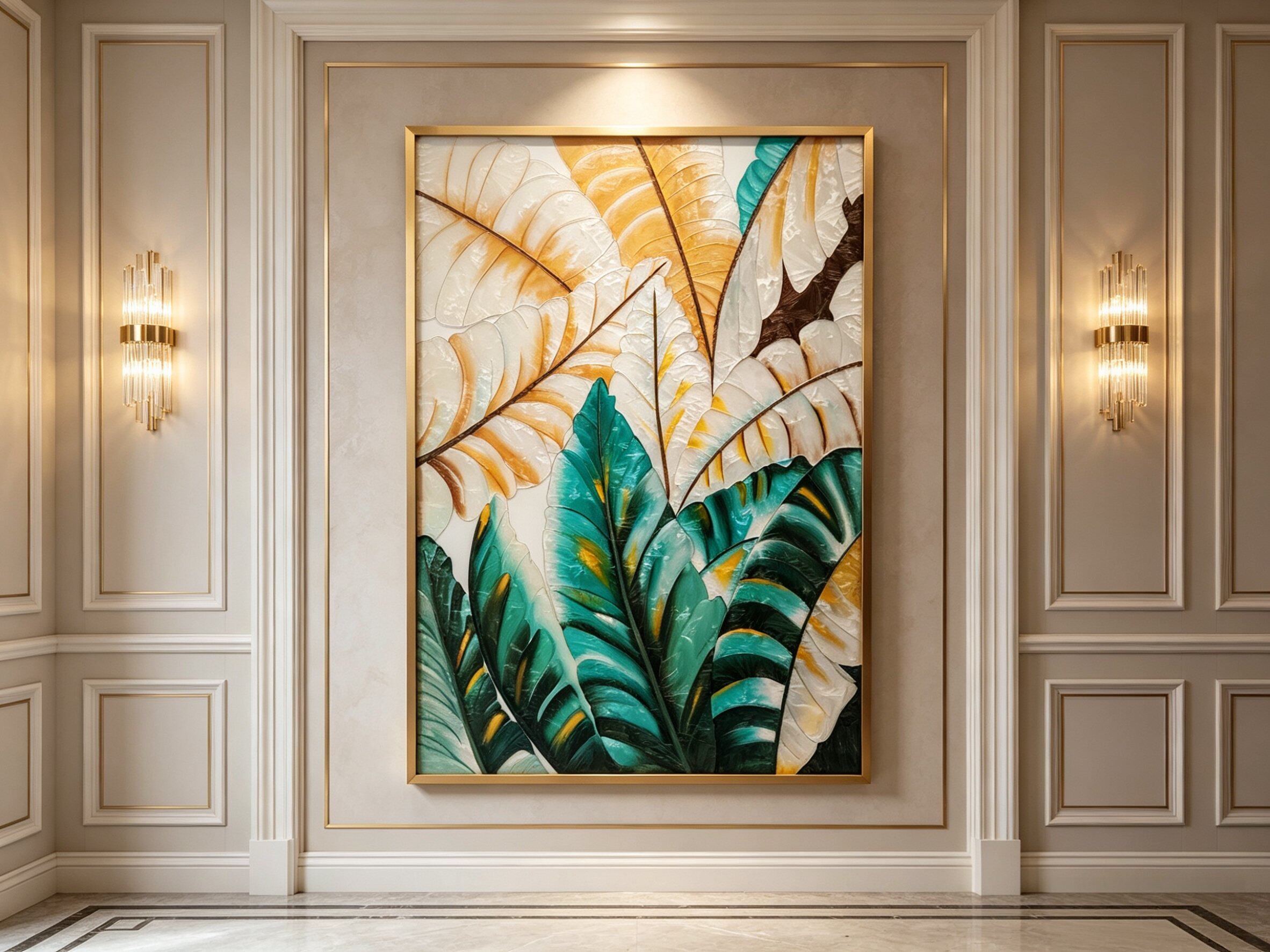 现代轻奢手工珐琅彩画《翠影金叶》新古典客厅玄关高级感装饰画