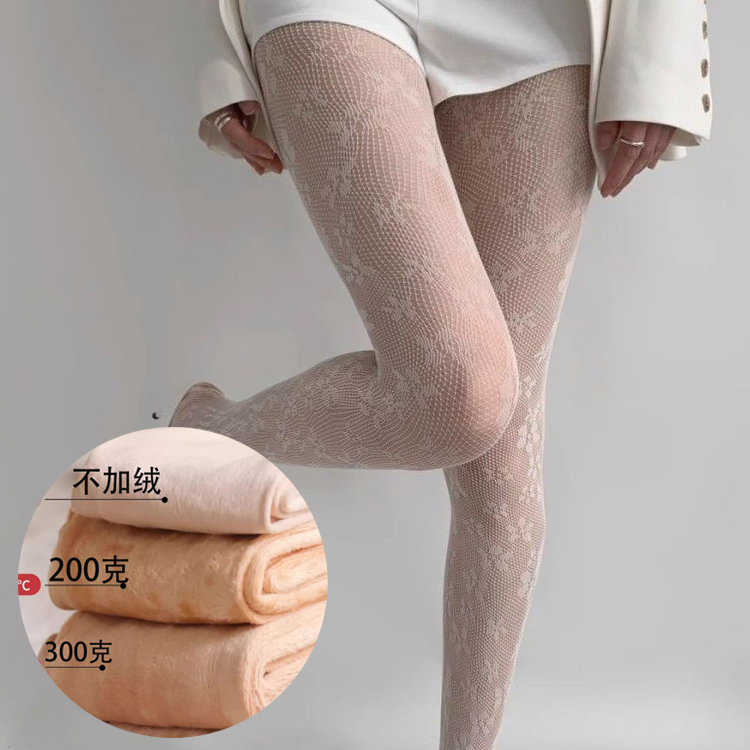 蕾丝花瓣网眼镂空加绒加厚连裤袜秋冬洛丽塔丝袜配长筒靴复古咖啡