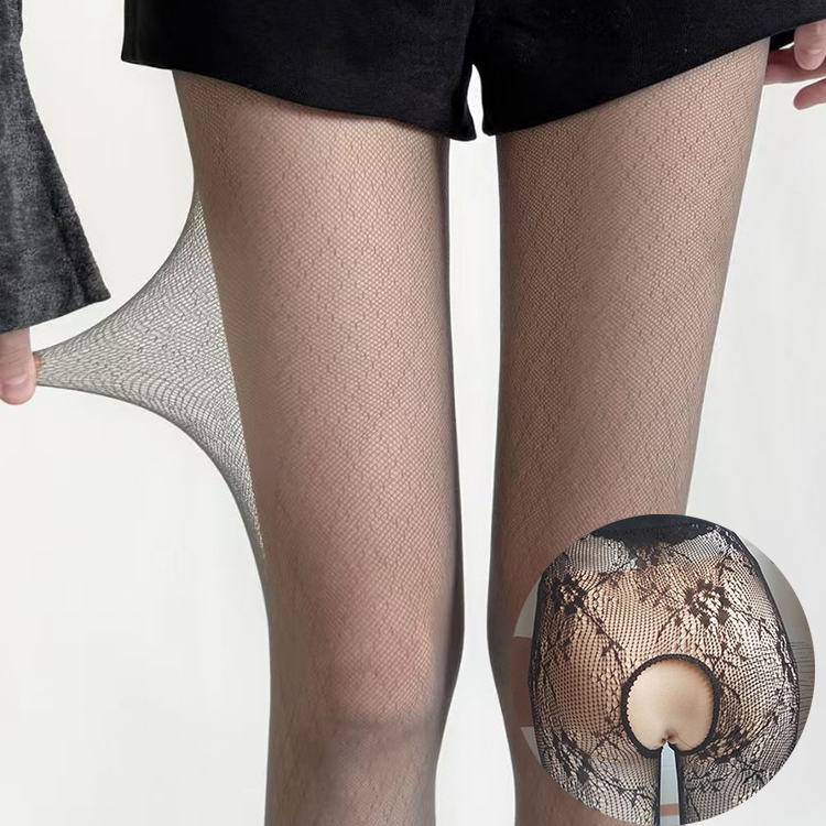 灰色菱形菱格开档丝袜女秋冬季超薄款0d高透打底裤防勾丝性感黑丝
