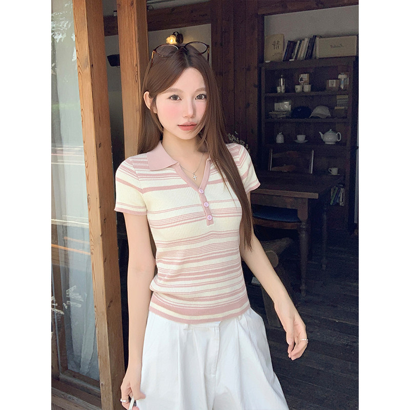包邮包邮撞色条纹翻领短袖针织衫女夏季新款修身显瘦纯欲风收腰上