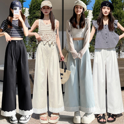 包邮实拍蕾丝拼接洗水棉阔腿裤女2026夏季新款高腰宽松九分休闲裤