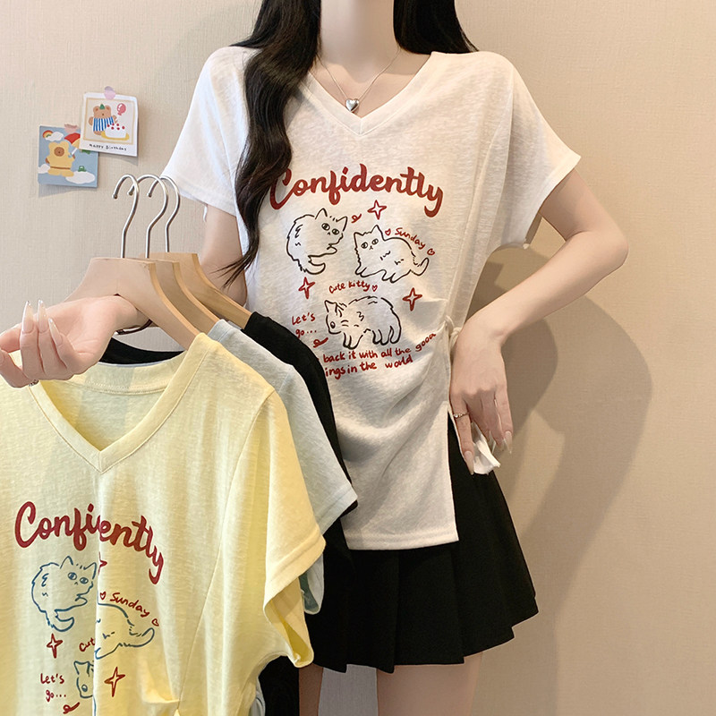 包邮2026夏装新款胖mm大码女甜美v领卡通印花绑带飞飞袖短袖T恤