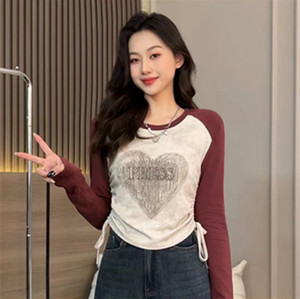 包邮早秋新款  百搭设计感撞色抽绳圆领显瘦长袖打底衫