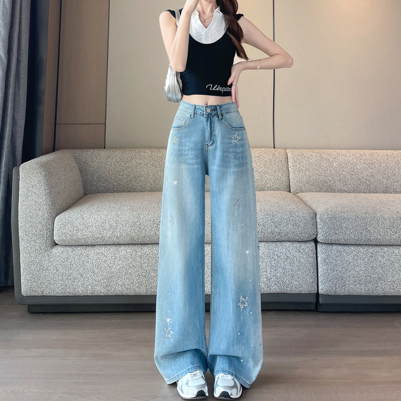 包邮浅蓝满天星烫钻牛仔裤女夏季新款高腰猫须宽松拼色阔腿直筒裤