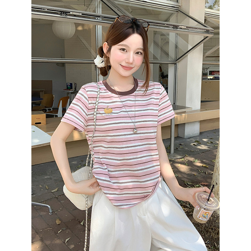 包邮包邮甜美减龄粉条纹撞色t恤女2026夏季新款宽松显瘦休闲短袖