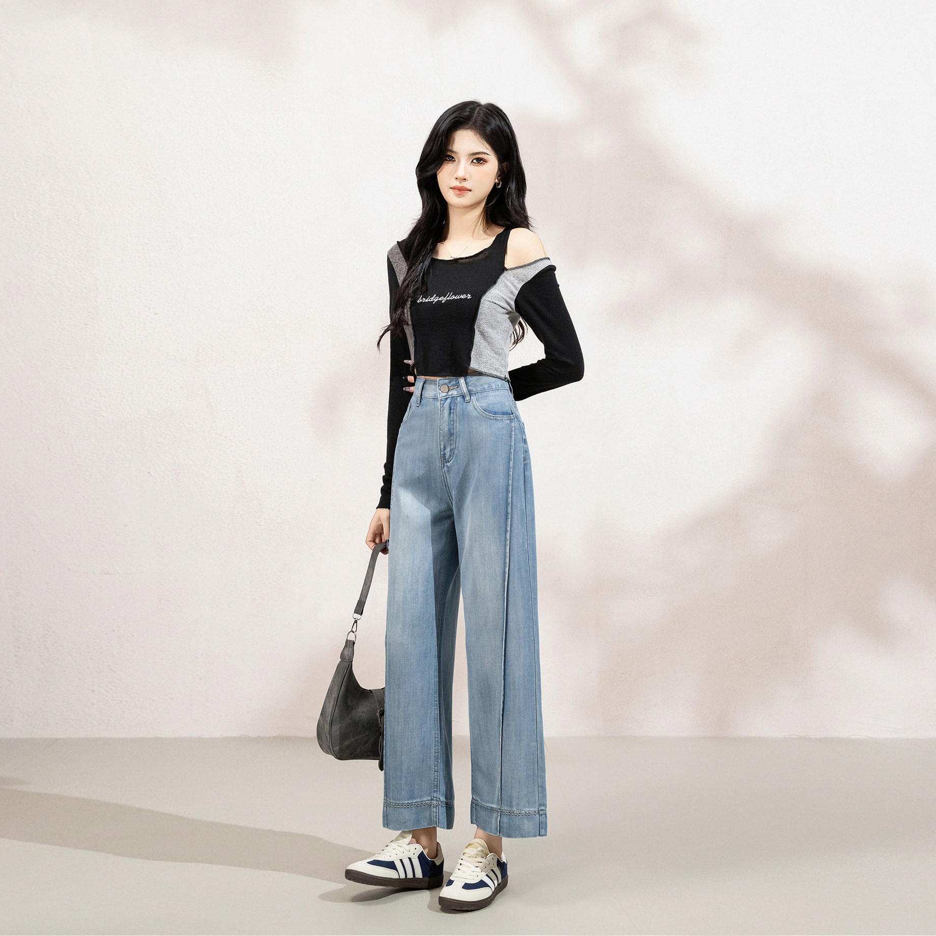 包邮浅色阔腿牛仔裤女2026新款柔软亲肤高腰宽松小个子九分直筒裤