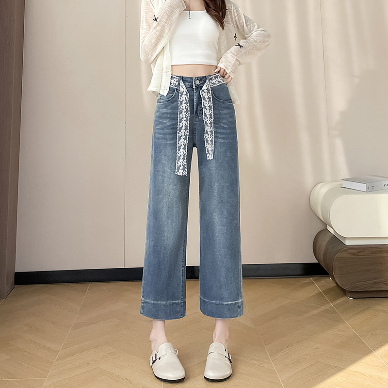 包邮包邮小个子蕾丝腰带直筒牛仔裤女春夏高腰弹力宽松八分窄版阔