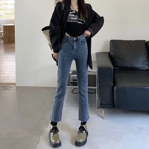 包邮 2023年春季新款蓝色牛仔裤女高腰显瘦百搭九分烟管裤