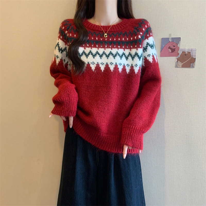 包邮复古费尔岛风针织毛衣2025秋冬新款宽松慵懒圣诞红色套头上衣,女装/女士精品,毛衣,淘宝优惠券,粉丝福利购,淘宝优惠卷
