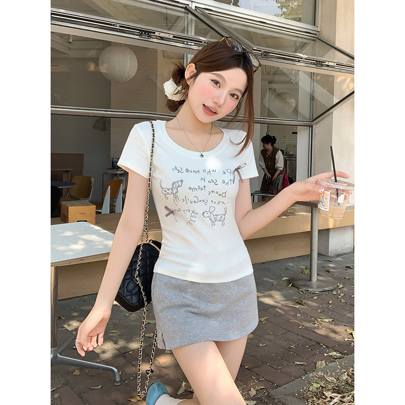 包邮包邮甜美蝴蝶结圆领短袖t恤女2026夏季新款别致修身显瘦短款