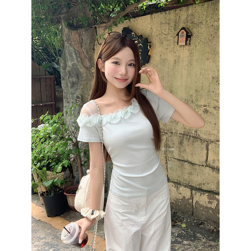 包邮包邮网纱花边露肩t恤女夏季新款韩系修身显瘦短袖辣妹外穿上