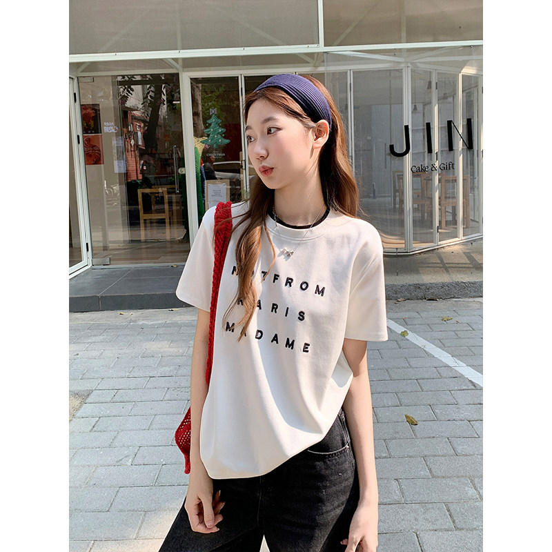 包邮包邮撞色圆领字母刺绣短袖t恤女2026新款宽松显瘦百搭正肩上