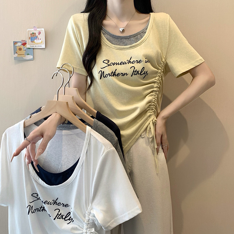 包邮2026夏装新款胖mm大码女韩系假两件印花字母抽绳别致短袖T恤