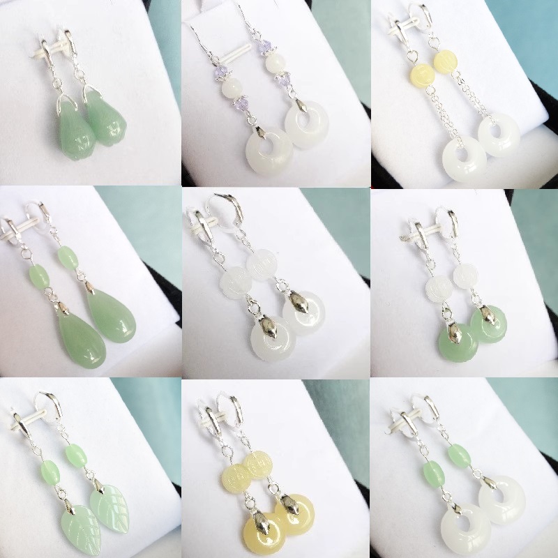 新疆和田白玉青玉纯银玉耳坠翡翠