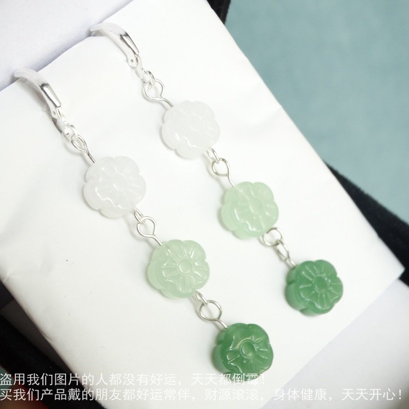 新品特价温婉淑女风花朵纯银玉耳坠仙韵百搭玉耳圈气质招财玉耳环