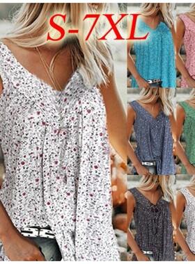 亚马逊2020新款外贸夏季碎花背心无袖女装T恤V领衬衫