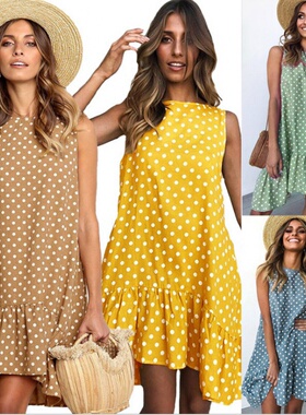 速卖通2020亚马逊圆领无袖波点宽松大摆荷叶边连衣裙