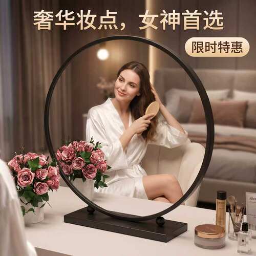 轻奢化妆镜圆形智能梳妆镜卧室台式桌面高级简约铁艺梳妆台大镜子