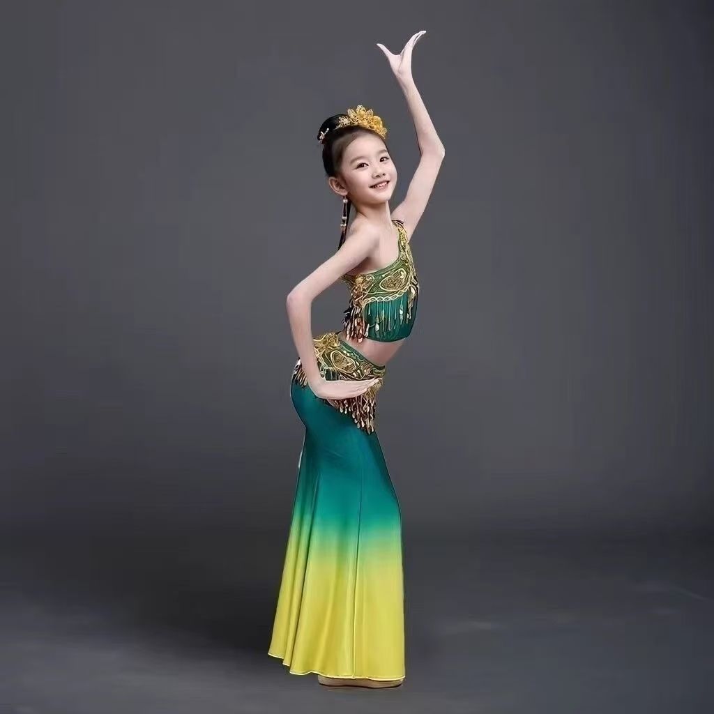 新款儿童傣族舞蹈演出服女童傣族孔雀舞包臀鱼尾裙少儿优质表演服