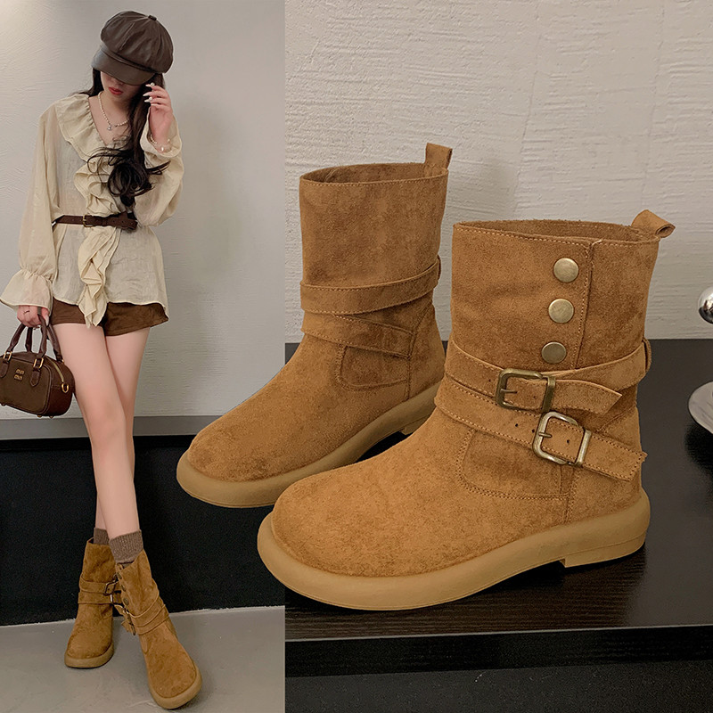 西部时尚潮流磨砂皮短靴女2025秋冬新款搭扣小众设计马丁靴短靴女