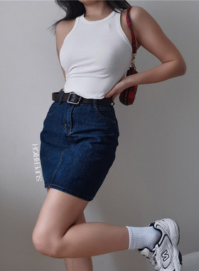 SUP美式夏季复古高腰原色牛仔深蓝色包臀半身裙A字裙小个子短裙女