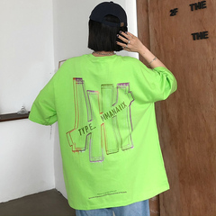 實拍2021新款寬鬆短袖女學院風前後印花大碼T恤女潮