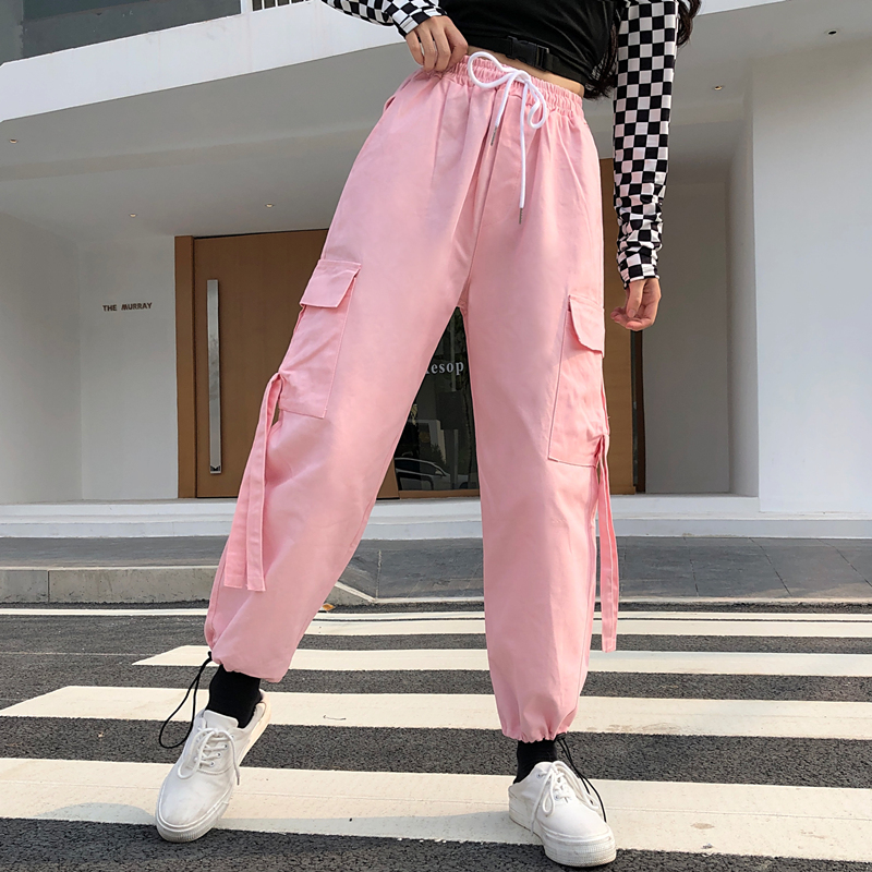 Real shooting spring and autumn new straight tube versatile American large pocket overalls women's loose Street BF drawstring wide leg fashion