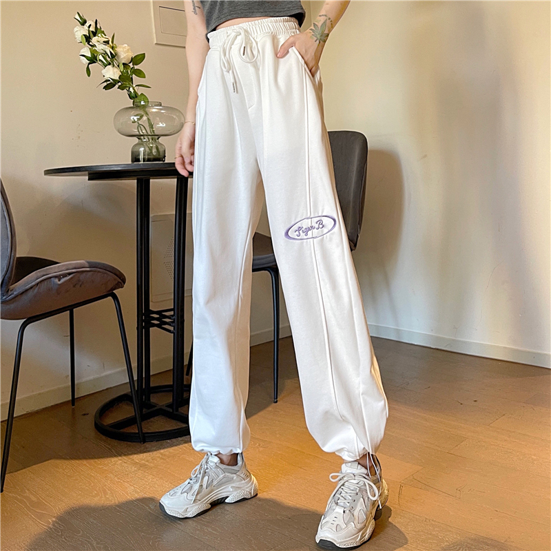 Real photo 2021 spring and summer new pants women's Korean lettered embroidery wide leg pants loose legged casual pants women's guard pants