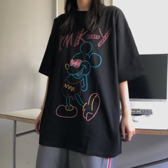 Summer new Korean version lazy wind loose show thin Mickey print short sleeve T-shirt women's versatile base shirt trend
