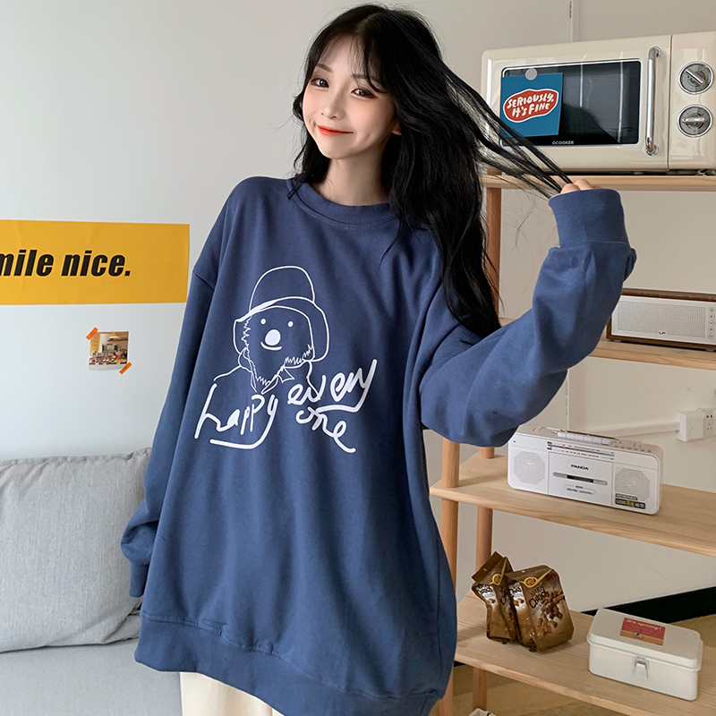 Real photo of 2021 spring and autumn new T-shirt Korean loose large cartoon print round neck thin medium length sweater