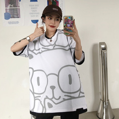 Real shot pure cotton fake two short sleeve t-shirt female summer new printing Korean loose large student top