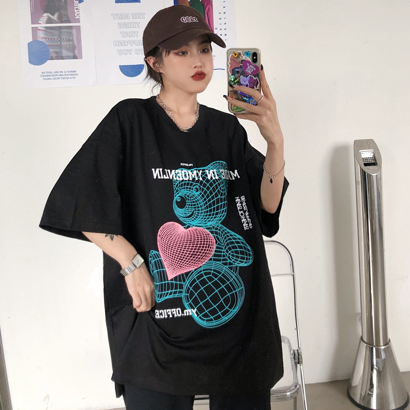 Real T-shirt women's summer new Korean loose size bear print short sleeve top women's fashion